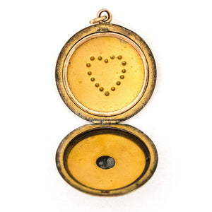 Antique Sweetheart Locket, sweet gold fill locket with white paste stones in the shape of a heart. Perfect for holding pictures and photos, open locket view, showing original frames