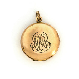Eagle's Crown Antique Locket, gold fill antique locket with white Victorian paste stones, back locket view with initial monogram M M R, perfecting for holding pictures and photos