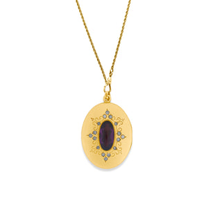 oval plum locket on antique gold fill watch chain