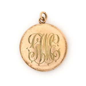 Antique Sweetheart Locket, sweet gold fill locket with white paste stones in the shape of a heart. Perfect for holding pictures and photos, back locket view showing monogrammed inscription G N E