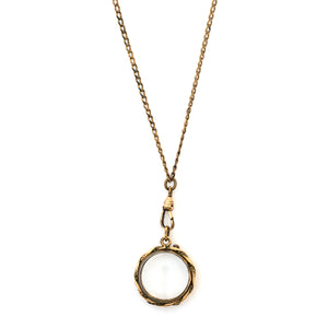 Woven Filigree Antique Portrait Locket, front view, portrait locket for photos and pictures, shown on antique gold fill watch curb watch chain