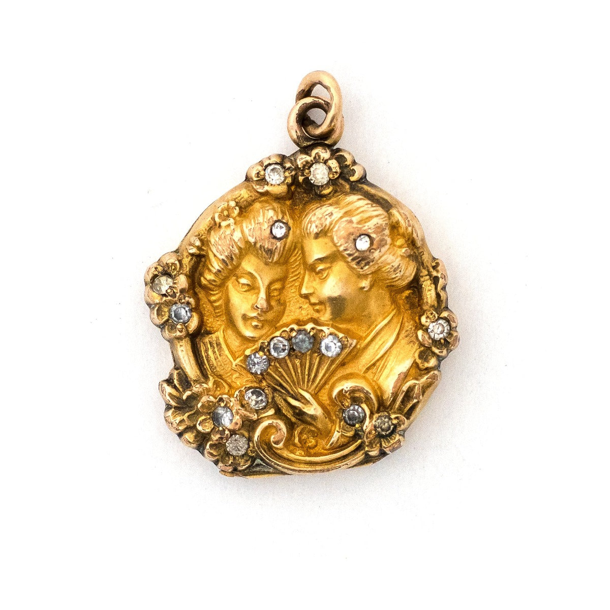 Ladies with Fan Antique Locket, front view, antique gold fill locket with paste stones, women with fan
