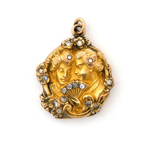 Ladies with Fan Antique Locket, front view, antique gold fill locket with paste stones, women with fan
