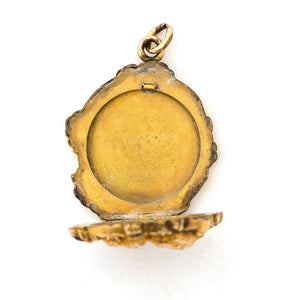 Ladies with Fan Antique Locket, open locket view, antique gold fill locket with paste stones, women with fan