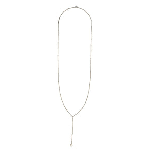 This elegant Victorian lariat chain is crafted in solid 10K white gold and with finely striped bar links alternating with a fine round cable chain. It is 28" in length with a 3.5" extension. It is crafted classic Victorian lariat chain pairs beautifully with one of our vintage lockets or charms. Full chain view