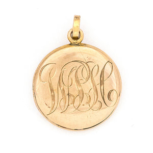 10K Gold Horse's Eye Antique Locket, lustrous 10k gold locket with opal for horses eye, perfect for holding pictures or photos, back locket view, shows inscribed monogram W P H