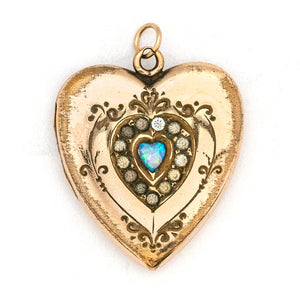 Opal Heart Antique Locket, heart shaped gold fill locket with white paste stones and heart shaped opal at center, perfect for holding pictures and photos, front view