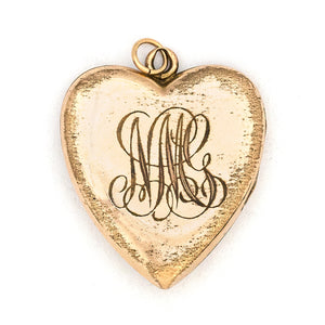 Opal Heart Antique Locket, heart shaped gold fill locket with white paste stones and heart shaped opal at center, perfect for holding pictures and photos, back locket view, shows inscribed monogram M M G