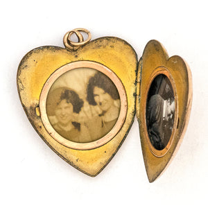 Opal Heart Antique Locket, heart shaped gold fill locket with white paste stones and heart shaped opal at center, perfect for holding pictures and photos, open locket view, shows original picture frames inside locket