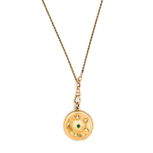 Wild Berry Art Nouveau Antique Locket, gold fill locket with white and green paste stones, perfect for holding pictures and photos, front view, shown on antique gold fill rope watch chain