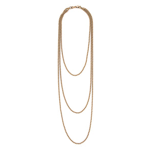 This 12K gold fill antique rope chain features three gorgeous strands of varying lengths (18", 27" and 34") which meet together at the back with a hefty watch chain hook. Wear this striking piece alone or layered with your favorite pieces for a bold statement. Full chain view