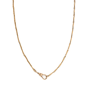 This antique gold fill bar link chain is made up of 2 watch chains to create an ideal 26" length and compliment each other perfectly. Paired with one of our antique lockets or on its own, this chain is a classic. Close up view of chain, shows clasp