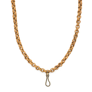This unusual watch chain is made of finely woven rattan links creating a three dimensional cable style chain, complete with a T bar and hook clasp. Measuring at a very wearable 24" long, you can wear this chain layered with other pieces or alone paired with one of our antique gold fill lockets or charms. Close up view, showing hook clasp