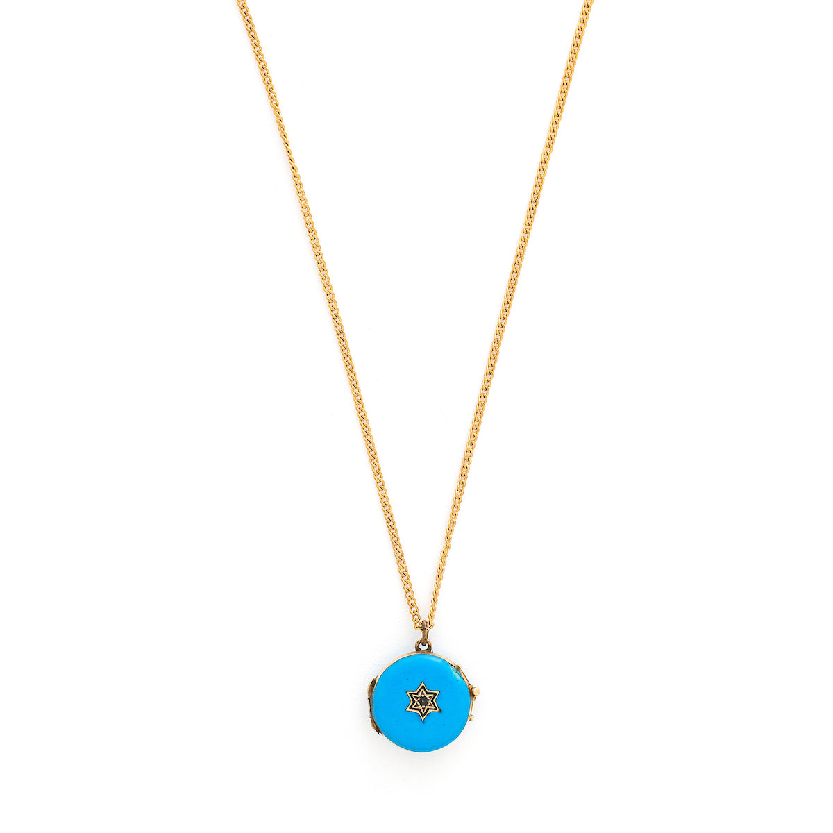 This petite round locket features striking cerulean blue enamel with a 14K gold Star of David at its center and a matching 14K gold border. It opens to hold two photos, includes one original glass and pairs perfectly with one of our antique gold chains. Front locket view
