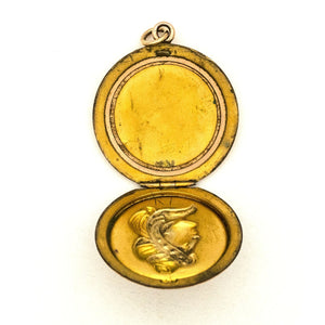 Cameo Lady Antique Locket, Womens profile, gold fill locket with white victorian paste stones, open locket view, shows original frame, which hold photos or pictures