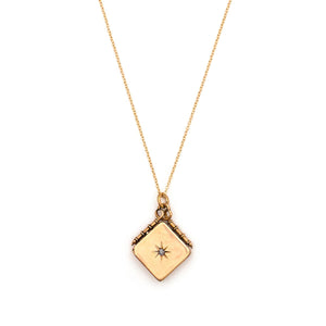 14K Gold & Diamond Star Antique Locket, square gold Victorian locket for holding pictures and photos, front view, shown on antique 14k gold chain
