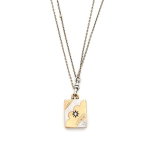 14K Rose Gold & Platinum Rectangular Art Deco Antique Locket with diamond in the middle, holds pictures and photos, front view, shown on sterling silver vintage watch chain