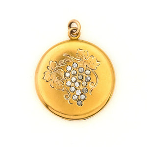 Grapes of Plenty Antique Locket, gold fill locket, white Victorian paste stones, holds photos and pictures, front view