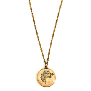 Eagle's Crown Antique Locket, gold fill antique locket with white Victorian paste stones, front locket view shown on antique gold fill chain