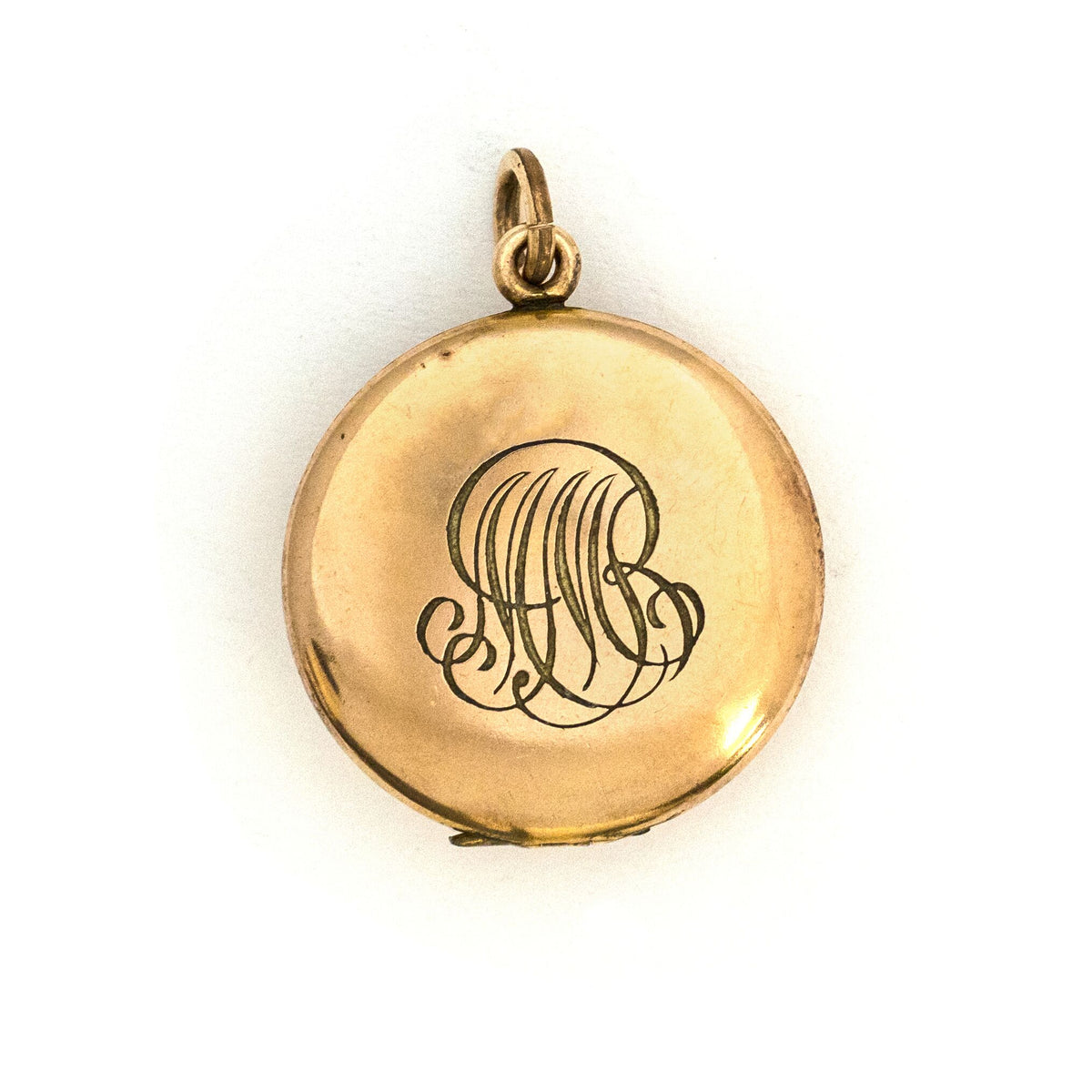 Eagle's Crown Antique Locket, gold fill antique locket with white Victorian paste stones, back locket view with initial monogram M M R, perfecting for holding pictures and photos