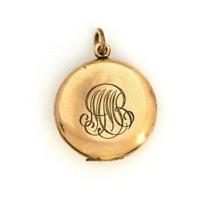 Eagle's Crown Antique Locket, gold fill antique locket with white Victorian paste stones, back locket view with initial monogram M M R, perfecting for holding pictures and photos