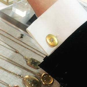 These antique solid 14k gold and old mine cut diamond star cufflinks had us at Hello. They'd make a pretty amazing gift for a dapper dad, a groom on his wedding day, or a lady who can rock shirtsleeves. Cufflinks shown in cuff
