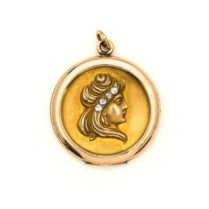 Cameo Lady Antique  Locket,  Womens profile, gold fill locket with white victorian paste stones, front view
