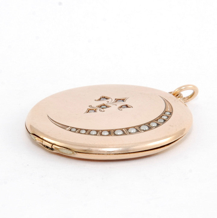 Pearl Crescent Moon & Fleur-de-lis Locket