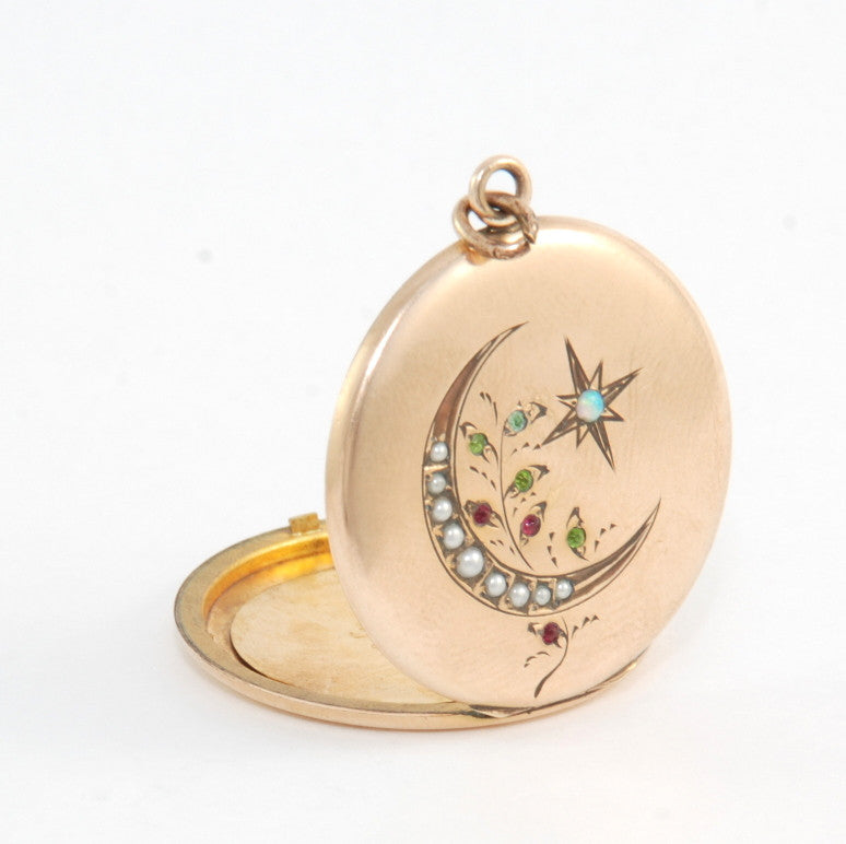 Pearl & Opal Crescent Moon & Star Locket