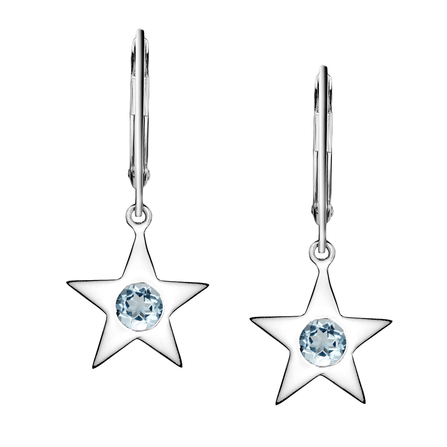 Polished Silver Star Birthstone Earrings - March / Aquamarine