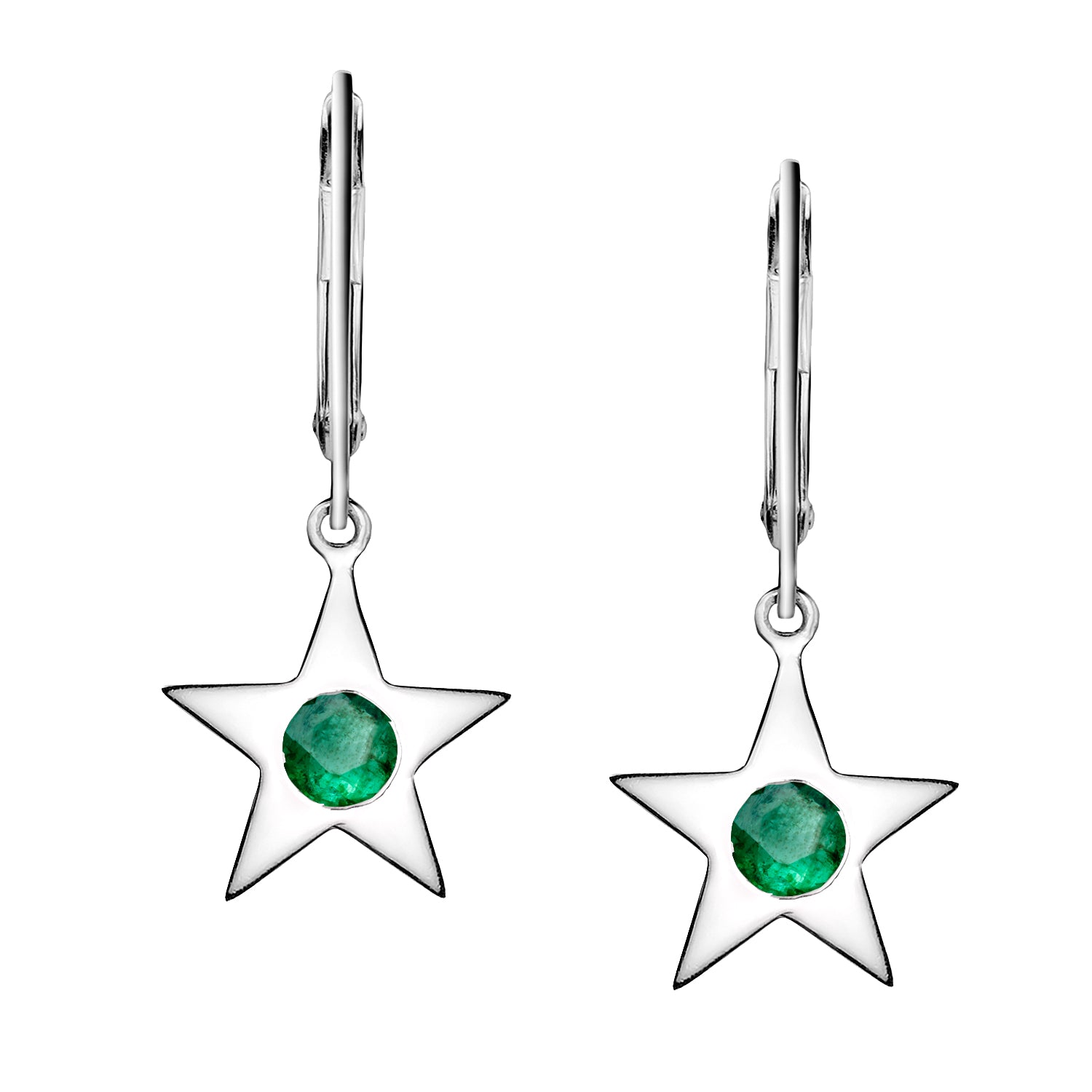 Polished Silver Star Birthstone Earrings - May / Emerald