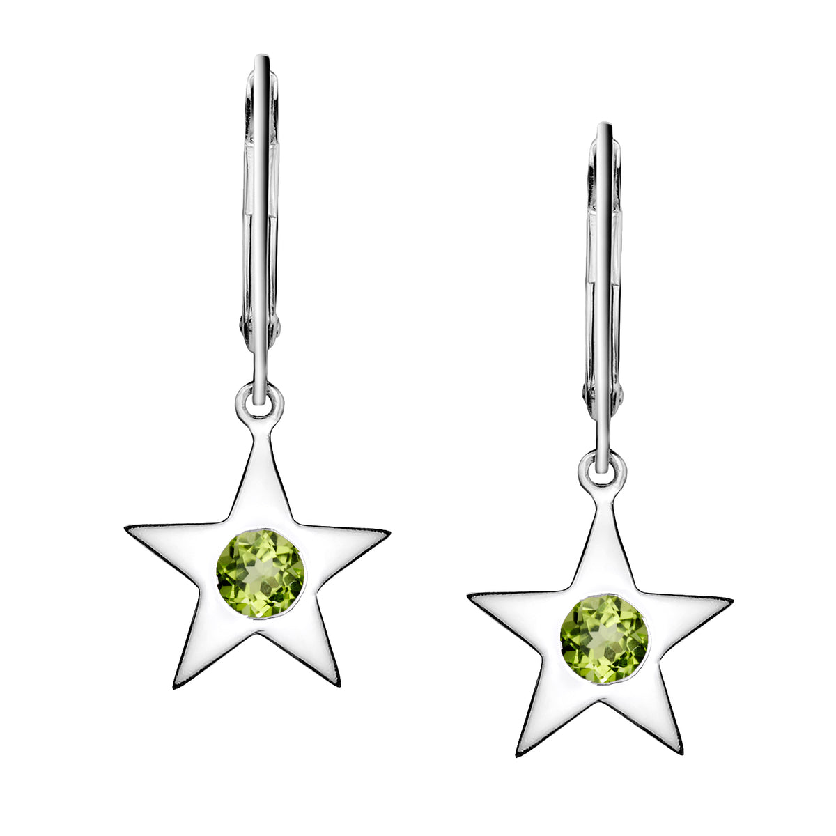 Polished Silver Star Birthstone Earrings - August / Peridot