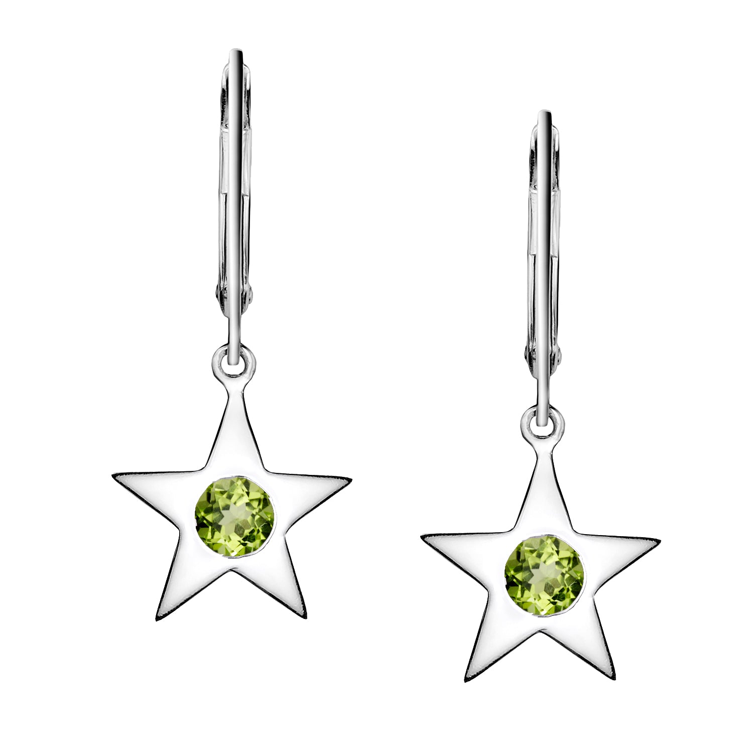 Polished Silver Star Birthstone Earrings - August / Peridot