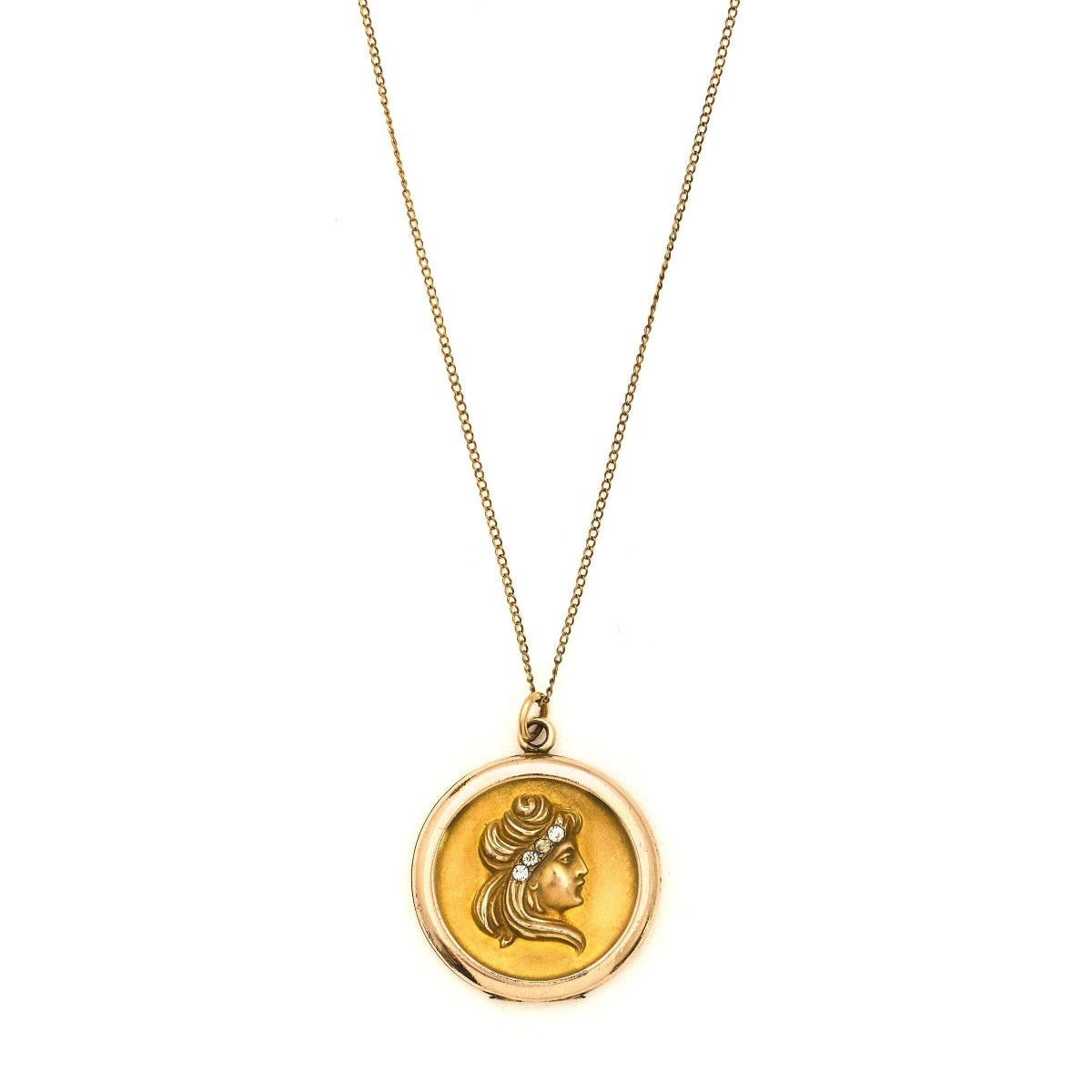 Cameo Lady Antique  Locket,  Womens profile, gold fill locket with white victorian paste stones, front view