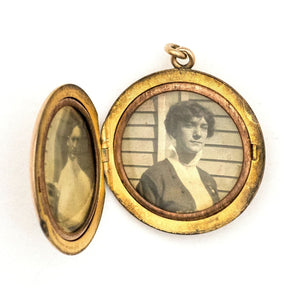 Bridgerton Antique Locket, woman in profile with necklace and flowers on collar, gold fill Victorian locket, holds pictures and photos, open locket view, shows original frames for holding pictures and photos