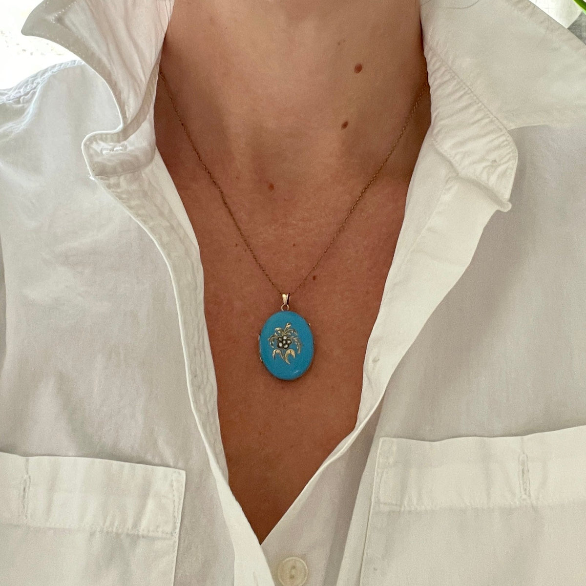 14K Gold and Pearl Blue Enamel Antique Locket