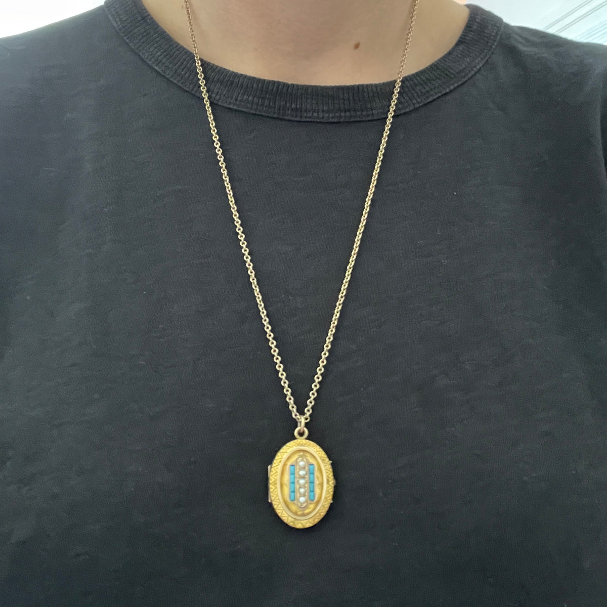 Oval Turquoise & Pearl Etruscan Revival Antique Locket