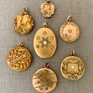 Beautiful antique and vintage gold fill and karat gold lockets with victorian paste stones