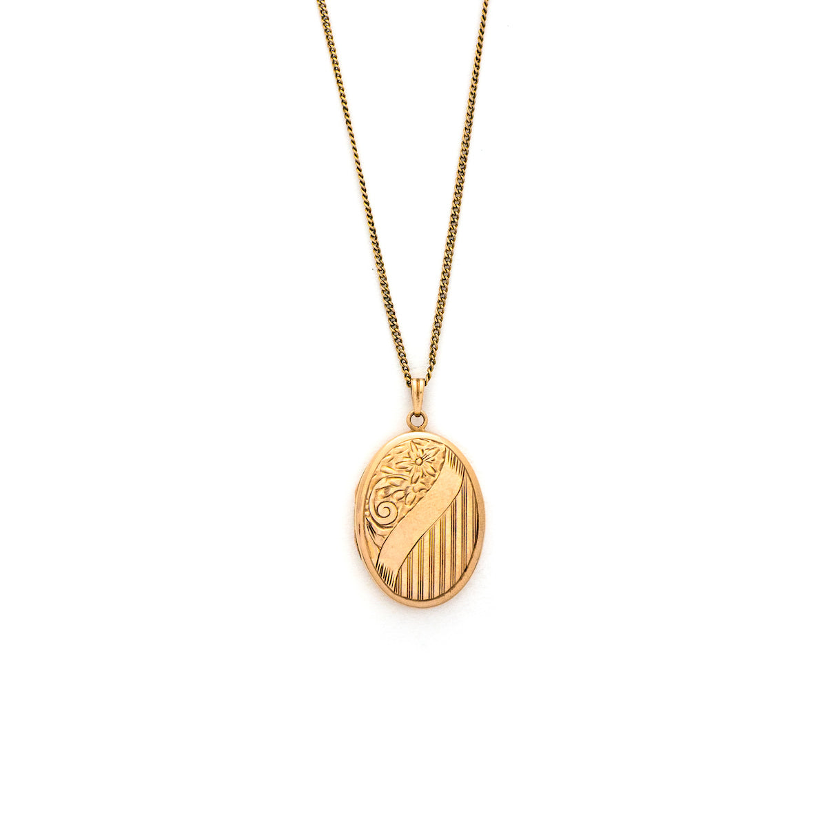 Solid 10K Floral Stripe Oval Locket