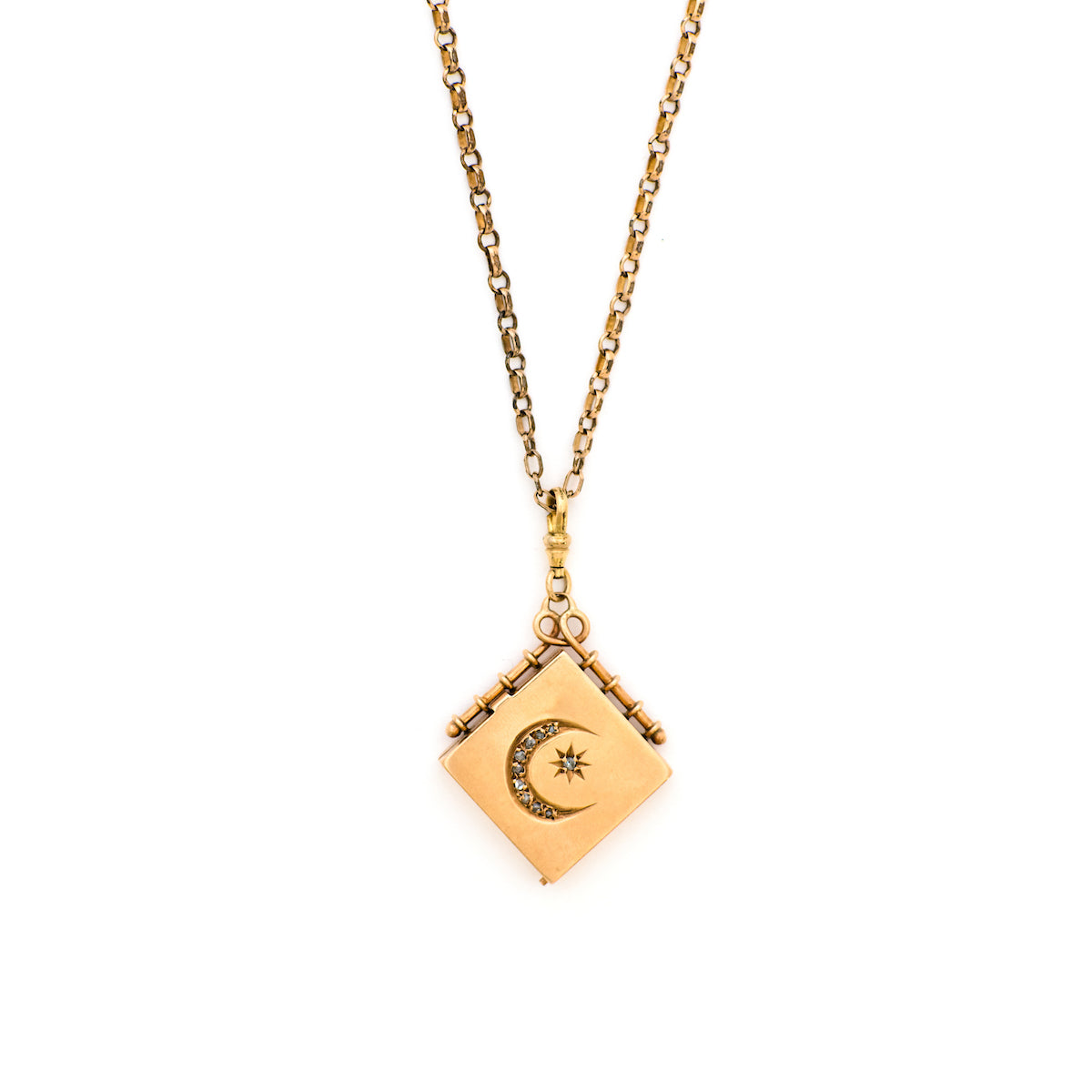 Solid 14K Gold Moon and Star Square Locket