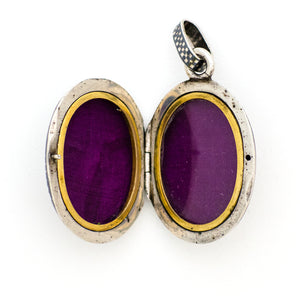 Checkered Oval Niello Antique Locket, black and white checker board locket, for holding pictures and photos, open locket view, shows beautiful purple lining fabric