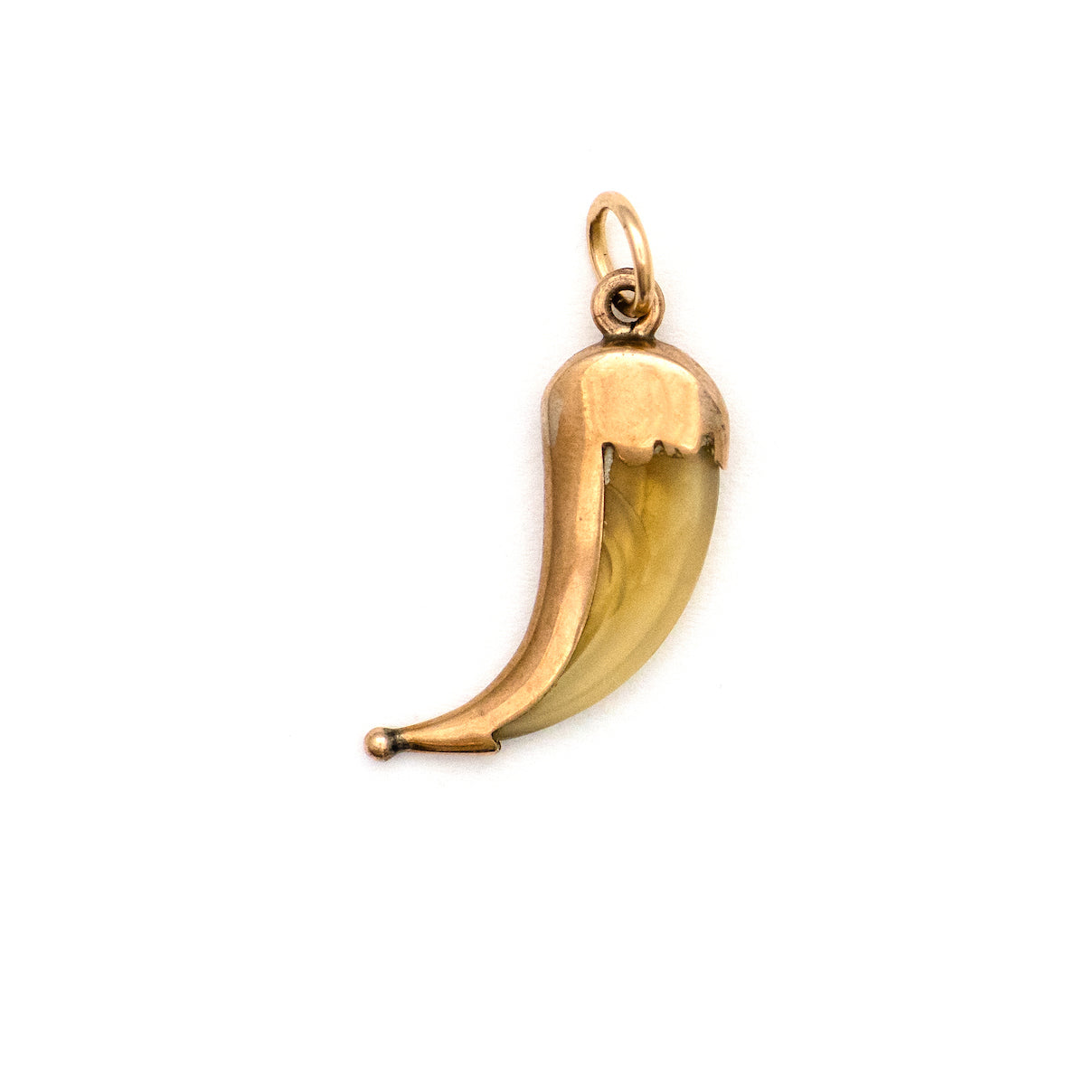 This unique horn charm features a polished 10k gold case, with a sculpted edge and a ball on the end.  Cornetto in Italian means "little horn" and is an amulet or talisman that is believed to offer protection against the evil eye when worn. Paired with one of our new 14k gold chains, this statement making charm is believed to bring luck to whomever wears it. Front charm view