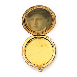 Green Grapes Antique locket, gold fill locket with green stones, opens to hold pictures and photos, open locket view, shows original frame to hold pictures and photos