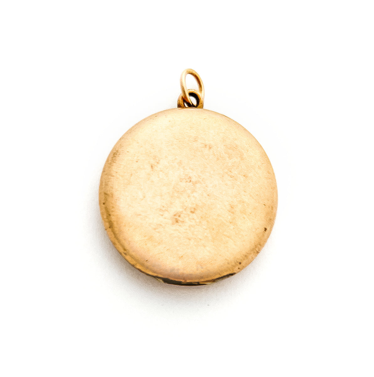 This round antique locket features a simple "E" in Old English script. It opens to hold two photos and pairs perfectly with one of our antique gold fill chains.  Back locket view