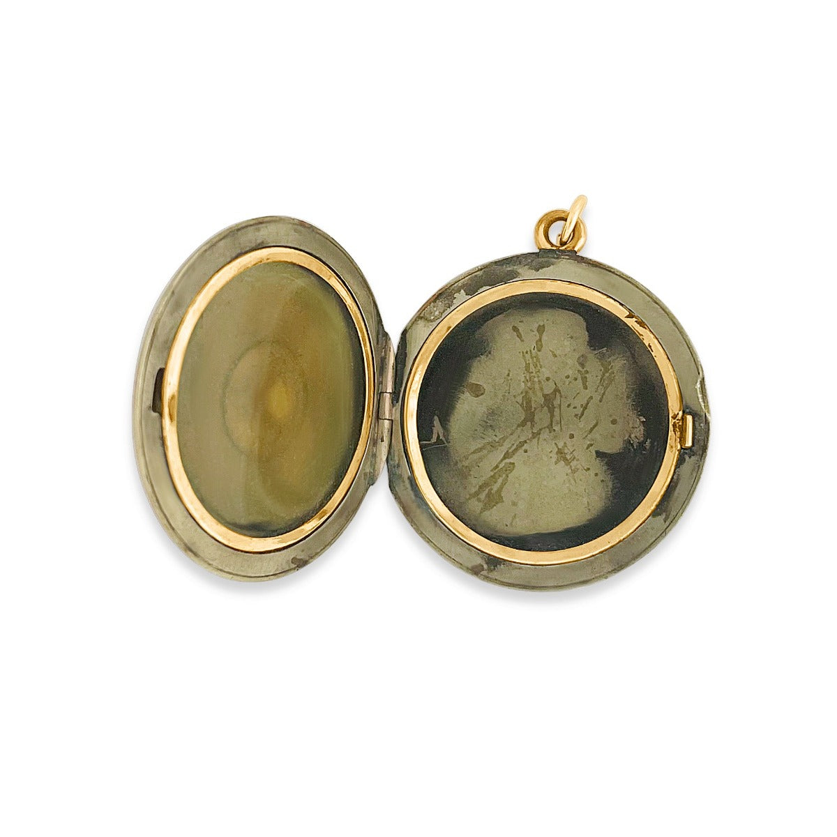 Initial locket, open locket view, two original frames for pictures or photographs, original locket frames