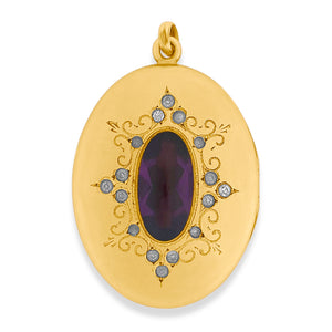 oval plum locket front view, purple stone, paste stones, gold fill locket