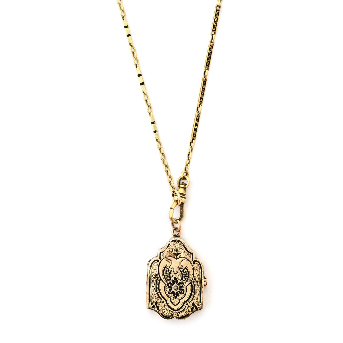 12K Rose Gold Enamel Shield Antique Locket shown on 14K gold and black enamel antique watch chain, front view