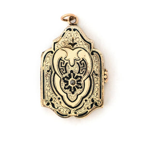 12K Rose Gold Enamel Shield Antique Locket, front locket view, beautiful condition