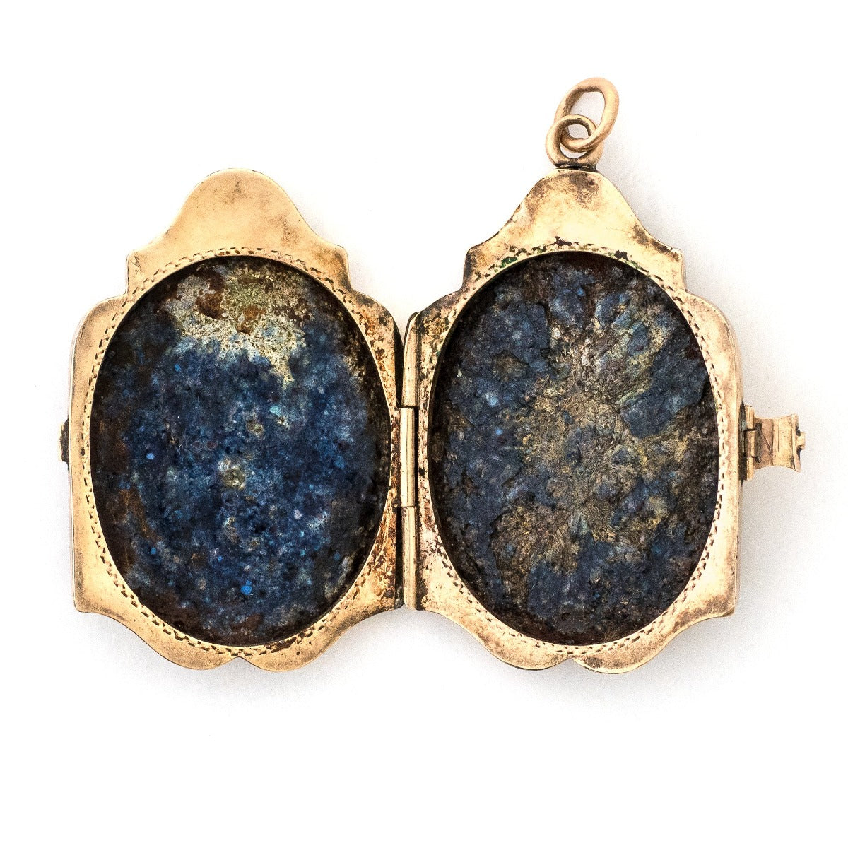 12K Rose Gold Enamel Shield Antique Locket, open locket view, shows where pictures or photographs could be placed inside locket