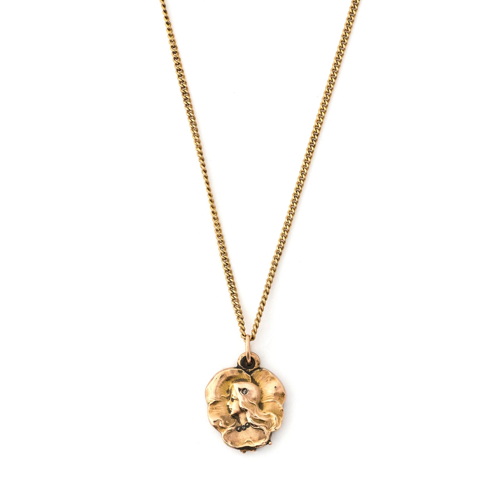 9K Gold Petite Pansy Antique Portrait Locket front view, side view of woman and pansy flower, with paste stones